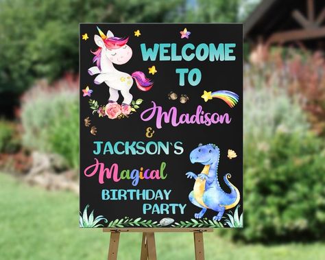 Unicorn and Dinosaur birthday poster, Dinosaur unicorn welcome sign, Magical dino birthday banner, Dark theme Boy and girl joint party decoration. Same theme items for your party: https://www.etsy.com/shop/paperpartydigital?&search_query=dinosaur https://www.etsy.com/shop/paperpartydigital?&search_query=unicorn This item is personalized digital file(s). You can share it with your friends electronically by texting it or via messengers like Whatsapp, iMessage, Facebook, Viber, etc. or email it. Unicorn Welcome Sign, Frozen Party Invitations, Emoji Invitations, Unicorn Sign, Kitten Birthday Party, Frozen Party Decorations, Frozen Invitations, Frozen Birthday Invitations, Magic Party