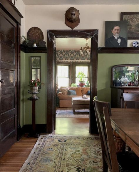 1904 House Interiors, 1900 Craftsman House Interior, Dark Brown Floors Living Room, Dark Trim Houses Interior, 1880s Home Interior, Federal Style Homes Interior, Hometown Hgtv Living Rooms, Edwardian House Aesthetic, 1905 House Interiors