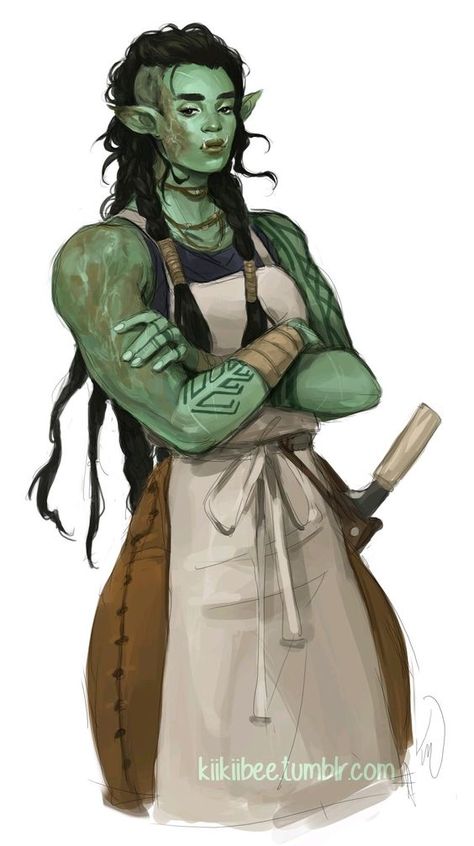 Dnd Butcher Npc, Butcher Oc Design, Female Orc Character Design, Orc Male Character Design, Dnd Orc Male, Half Orc Character Design, Butcher Character Design, Ogre Drawing, Dnd Npc Characters