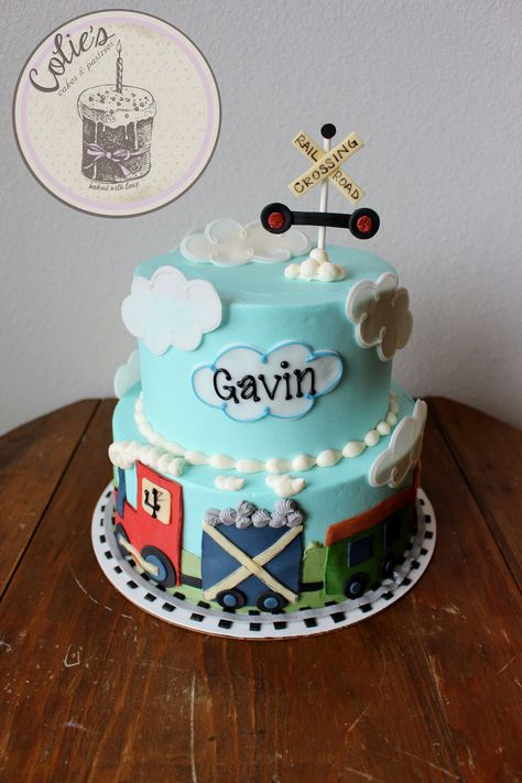 Train cake. Little boy train cake. rail road crossing signs. Two tiered birthday cake Choo Choo Im Two Cake, 2nd Birthday Train Cake, Two Two Train Birthday Party Cake, Train Themed Birthday Cake, Train Birthday Cake Ideas, Chugga Chugga Two Two 2nd Birthday Cake, Chugga Chugga Two Two Cake, Train Cakes For Boys, Two Tiered Birthday Cake