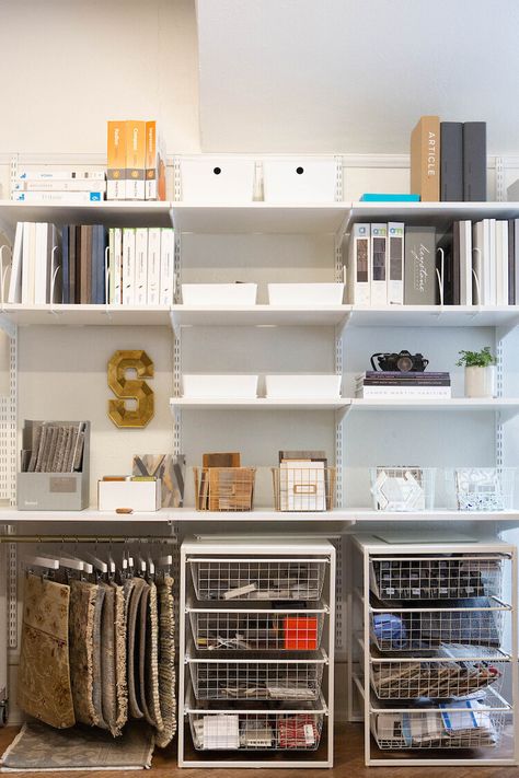 Materials Library Organization, Interior Designer Office Organization, Materials Library Interior Design, Sample Library Interior Design, Material Library Organization, Interior Design Sample Library, Design Studio Organization, Workroom Organization, Material Organization