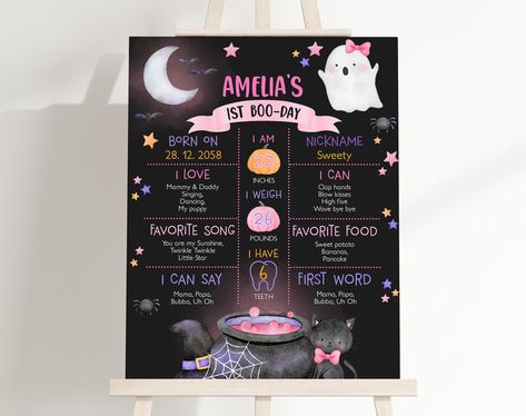 Halloween Birthday Milestone Board Sign Spooky One Girl 1st Birthday Decor Spooktacular Party Pink Ghost Cute Hey Boo Poster EDITABLE BT87KP 1st Birthday Decor, Spooky One, Birthday Milestone Board, Ghost Cute, Milestone Board, Pink Ghost, Girl 1st Birthday, Hey Boo, Birthday Milestone