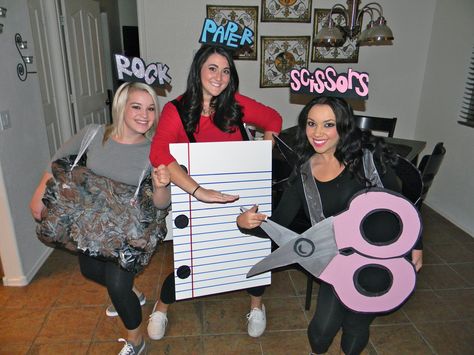 Halloween Costume - Rock, paper, scissors! School Approved Halloween Costume, Rock Paper Scissors Halloween Costumes, Rock Paper Scissors Costume, Meme Day Costumes, Meme Day At School Costumes, Dress Like A Meme Costume, Halloween Costume Meme, Creative Halloween Costumes Diy, Clever Halloween