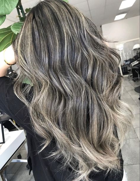 Dark Hair With White Blonde Highlights, Full Head Of Highlights On Black Hair, Brown Hair Icy Highlights, Brunette With Lots Of Blonde Highlights, Reserve Balayage, Frost Highlights, Platinum Highlights On Black Hair, Heavy Blonde Highlights On Dark Hair, Cool Ash Blonde Balayage On Dark Hair