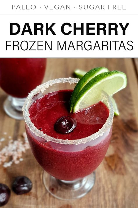 Dark Cherry Frozen Margaritas - this paleo margarita ticks all the boxes: sweet, salty, tart, ice-cold, and boozy. This healthy paleo cocktail is perfect for a hot day, or Cinco de Mayo, and they only take 5 minutes to throw together. Garnish this frozen cocktail with a honey & pink Himalayan salt rim for some extra dazzle! #vegan #paleo #cocktail #margarita #darkcherry #frozenmargarita Black Cherry Margarita, Flavored Margarita Recipes, Paleo Margarita, Paleo Cocktails, Cherry Margarita, Salty Tart, Cocktail Margarita, Classic Margarita Recipe, Flavored Margaritas