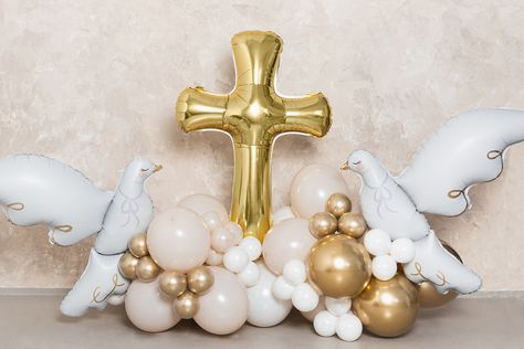 Cross Balloons, Holy Communion Decorations, Communion Table Decorations, Balloon Cross, Communion Decor, Balloon Table Centerpieces, Communion Table, Holy Communion Party, First Communion Decorations