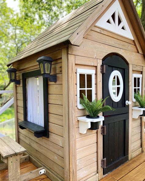 Backyard Discovery Aspen Playhouse Makeover, Wood Playhouse Makeover, Black Playhouse, Playhouse Paint Ideas, Update Patio, Wooden Playhouse Makeover, Kids Playhouse Ideas, Kids Playhouse Interior, Diy Wooden Playhouse