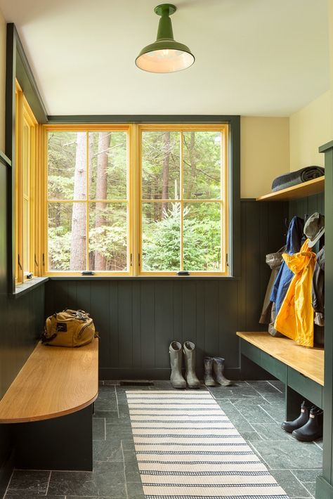 Cabin Mud Room, Long Window Bench, Green Laundry Room, Rustic Entry, Mudroom Bench Ideas, Lake Camp, Slate Floor, Green Laundry, Beam Structure