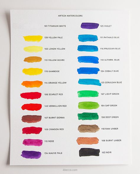 Arteza Watercolors Swatch Chart (Set of 24) #arteza #watercolor Arteza Watercolor, Paint Color Swatches, Art Videos For Kids, Art Learning, Vermillion Red, Watercolor Art Landscape, Watercolor Art Journal, Palette Design, Watercolor Tips