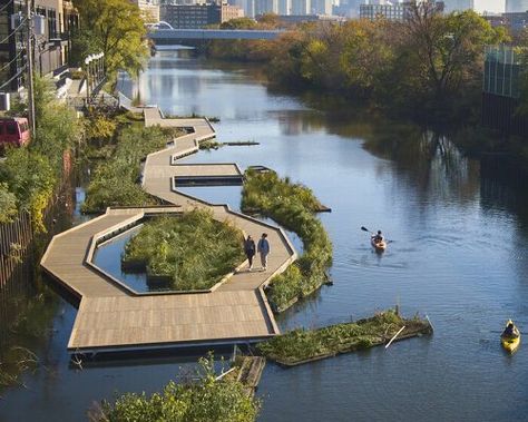 Flood Architecture Design, Floating Garden Architecture, River Architecture, Floating Gardens, Floating Raft, Olson Kundig, Eco Park, Water Architecture, Wooden Path