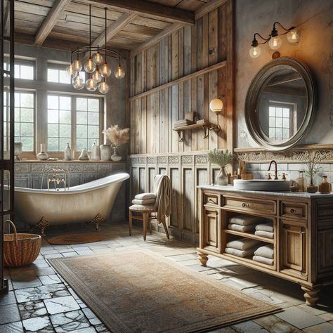 A grand wooden vanity with a marble countertop holds an old-fashioned porcelain sink. Above the sink hangs a vintage metal framed mirror. The walls are adorned with weatherworn wood panels, adding to the room's age-old charm. A woven basket holds fresh, fluffy towels, and an exposed bulb pendant light hanging from a high ceiling illuminates the room in a warm glow. Lastly, an elegant rug adds a touch of color to this tranquil setting. Rustic Bathroom With Clawfoot Tub, Luxury Vintage Bathroom, Bathrooms With Clawfoot Tubs, Rustic Master Bath, Rustic Bathtubs, Rustic Master, Double Glass Doors, Domestic Bliss, Bathroom Oasis