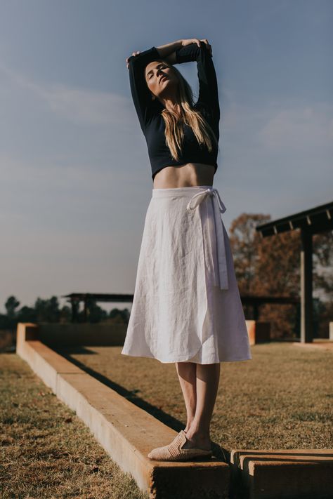 Linen wrap skirt, wrap dress, linen clothing, linen apparel, modern dress, made in USA, tie front skirt, white skirt, white dress White Wrap Skirt Outfit, White Linen Skirt Outfit, Linen Skirt Outfit, Morning Ideas, Linen Wrap Skirt, White Linen Skirt, Spring 23, Skirt Wrap, Linen Clothing