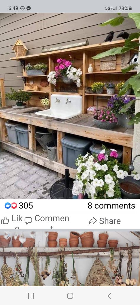 Garden Workbench Potting Station, Garden Shed Sink Ideas, Potting Bench Organization, Greenhouse Potting Shed Combo, Diy Garden Station, Garden Workbench, Gardening Station, Old Sink Ideas Garden, Potting Bench Ideas With Sink