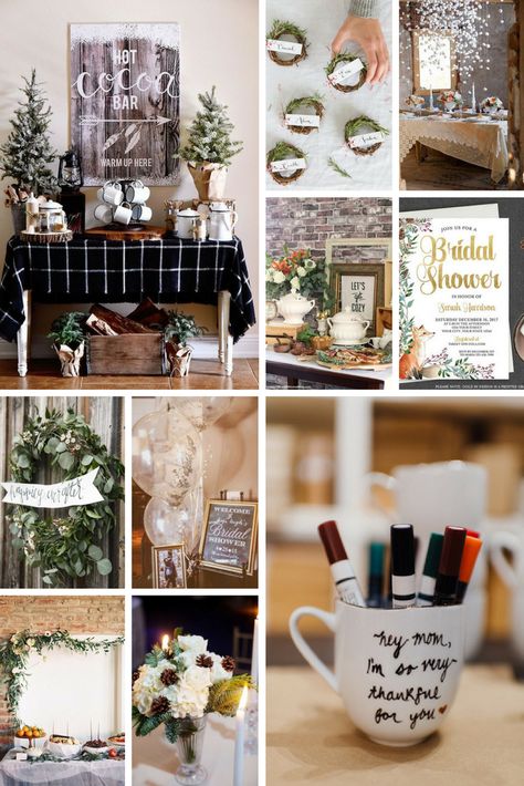 Winter Theme Wedding Shower Ideas, January Bridal Shower Themes, Winter Themed Bridal Shower Decor, Rustic Winter Bridal Shower Ideas, Winter Bridal Shower Photo Backdrop, Bridal Shower Themes December, January Bridal Shower Ideas, Winter Bridal Shower Ideas, Christmas Bridal Shower Ideas