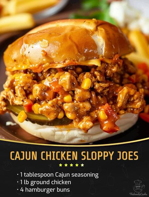 Kylie Recipes | Cajun Chicken Sloppy Joes | Facebook Cajun Chicken Sloppy Joes, 30 Min Dinner, Chicken Sloppy Joes, Food Hub, Cajun Chicken, Canned Corn, Cajun Recipes, Red Onions, Sloppy Joes