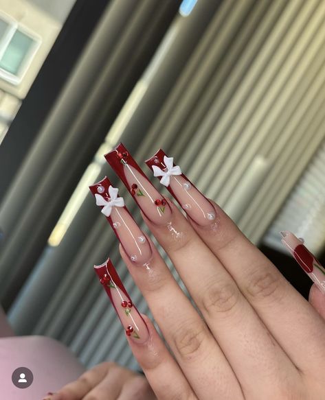 Nail Discount Ideas, Red Cherry Nail Designs, Red Cherry Nails Acrylic, Red Long Nails Designs, Red Nails With Cherries, Red Baddie Nails Acrylic, New Year Nails Red, Red Birthday Nails Acrylic, Latina Nails Red