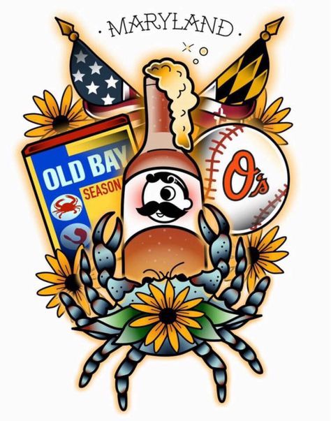 Love this idea, may get this but maybe a little more also. #Maryland #Tattoos Maryland Tattoo, Maryland Crabs, Maryland Flag, Ocean City Md, Old Bay, Printable Art Prints, Baltimore Maryland, Baltimore Md, Baltimore Orioles