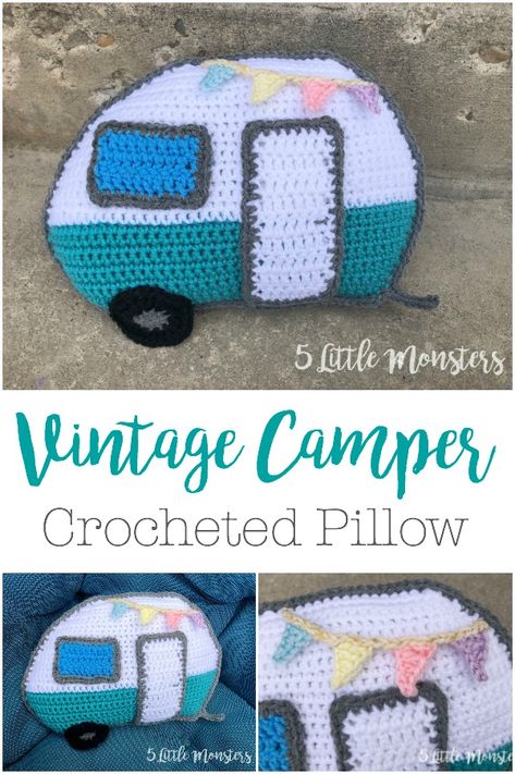 5 Little Monsters: Vintage Camper Pillow Camper Pixel Art, Camper Crochet Pattern, Crochet Caravan, Crochet Camping, Camping Crochet, Camping Vintage, Crochet Car, Crochet Cushion Cover, Crochet Pillow Pattern