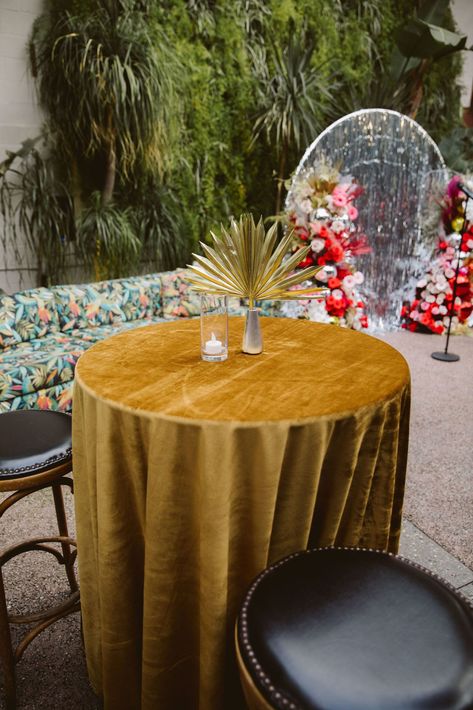 Fall Wedding Cocktail Hour, Velvet Tablecloth Wedding, Circle Table Wedding Decor, Tropical Disco Wedding, Cocktail Hour Centerpieces, Fall Wedding Cocktails, Cocktail Table Centerpieces, Tropical Disco, Wedding Cocktail Tables