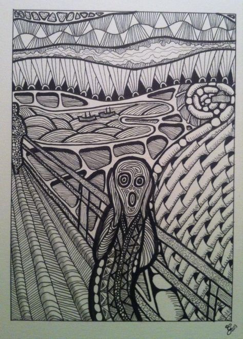 Edvard Munch's The Scream interpreted through zentangling. (C) greg cormier 2015 #zen #tangle #zentangle #zentangling #Munch #scream Zen Tangle Art, Munch Scream, Zantangle Art, Zen Doodle Patterns, Zen Tangle, Pen Art Drawings, Zen Doodle Art, The Scream, Architecture Design Drawing