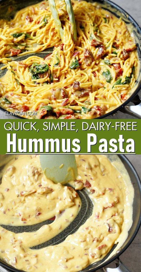 This 25-minute creamy hummus pasta with spinach, basil, and sun-dried tomatoes is a simple and satisfying meat-free & dairy-free meal for busy weeknights! #hummuspasta #veganpasta #hummussauce #veganlunch #elasrecipes | elavegan.com Cheap Dairy Free Meals, Raddish Meals, Cheap Gluten Free Dairy Free Meals, Hummus Pasta Recipe, Eden Diet, Vegan Hummus Pasta, Hummus Pasta, Ella Vegan, High Protein Pasta