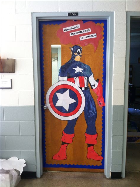 Captain America theme Superhero Classroom Door Decorations, Superhero Classroom Door, Hero Headquarters, Superhero School Theme, Superhero Door, Superhero Classroom Decorations, Superhero School, Superhero Classroom Theme, Superhero Classroom