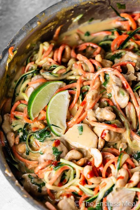 These chicken zoodles are a quick and healthy low-carb meal for busy weeknights. Zucchini noodles and carrots are tossed with juicy chicken in a creamy cashew sauce. This easy one-pot meal is both filling and satisfying, and it's ready in just 20 minutes! #theendlessmeal #zoodles #chicken #chickenzoodles #paleorecipes #whole30recipes #zucchininoodles #cashewbutter #cashews #carrotnoodles Chicken Zoodles, Carrot Noodles, Cashew Sauce, Zoodle Recipes, Veggie Noodles, Cashew Chicken, Easy One Pot Meals, Delicious Vegetables, Healthy Low Carb Recipes