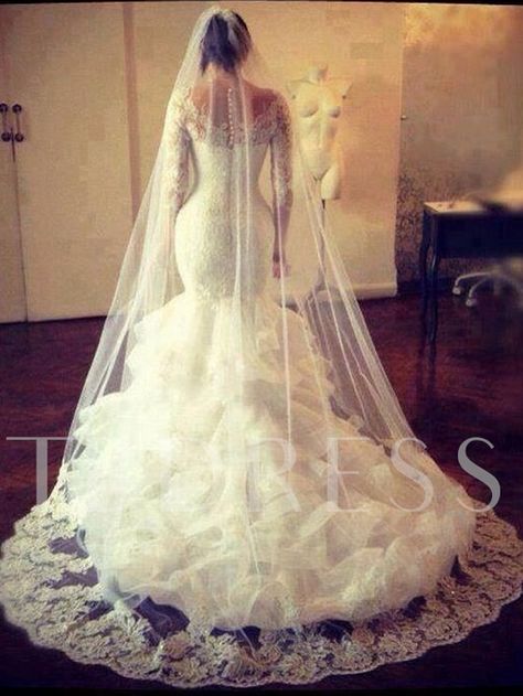 Tiered Ruffles Lace Mermaid Wedding Dress with Long Sleeve - Tbdress.com Lovely Wedding Dress, Long Sleeve Bridal Gown, Ruffle Wedding Dress, Long Veil, Wedding Robe, Lace Mermaid, A Wedding Dress, Gorgeous Wedding Dress, Princess Wedding Dresses