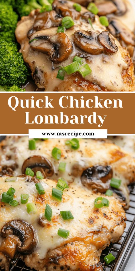 Make Chicken Lombardy tonight! A quick, easy recipe with tender chicken, creamy cheese, and savory mushrooms. Perfect for busy weeknights! Shredded Chicken Mushroom Recipes, Healthy Chicken Mushroom Recipes, Quick Dinner Ideas With Chicken Breast, Chicken Breast Mushroom Recipes, Easy Chicken And Mushroom Recipes, Chicken Breast And Mushroom Recipes, Chicken With Mushrooms Recipes, Chicken Mushrooms Recipes, Mushroom And Chicken Recipes