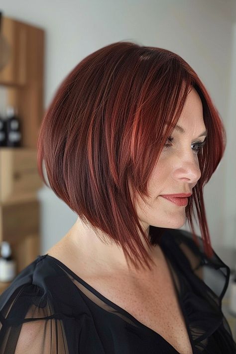 Inverted bob with red highlights Layered Bob Hairstyles Red Hair, Extreme Inverted Bob Hairstyles, Red A Line Bob, Inverted Bob Red Hair, Slight Inverted Bob, Red Bob Hair, Inverted Bob Haircuts, Side Bangs Hairstyles, Inverted Bob