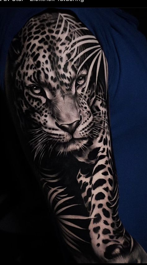 Realism Jaguar Tattoo, Jaguar Hand Tattoo, Jungle Tattoo Sleeve, Black Jaguar Tattoo, Jaguar Tattoo Design, Jungle Tattoo, Jaguar Tattoo, Leopard Tattoos, Greek Tattoos