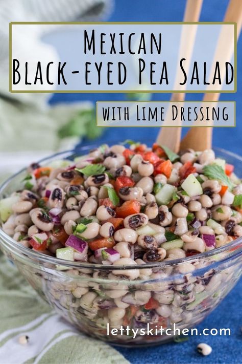 Mexican Black-eyed Pea Salad with Red Pepper. This healthy vegan recipe has a lime vinaigrette dressing and a polite touch of jalapeño chile. #salad #recipe #blackeyedpeas #healthyrecipes #lettyskitchen Lime Vinaigrette Dressing, Bean Salads, Black Eyed Pea Salad, Red Pepper Recipes, Potluck Salad, Pea Salad Recipes, Cilantro Recipes, Black Eyed Pea, Vegetarian Salad Recipes