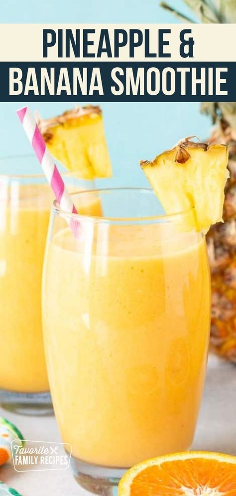 This fruity Pineapple & Banana Smoothie recipe is so yummy and easy to make. It takes less than five minutes to throw the ingredients together in the blender for the perfect breakfast. The creamy texture of frozen bananas, oranges, and pineapple chunks, all swimming in orange juice blended together is a refreshing drink everyone needs to have. Banana And Pineapple Recipes, Blendjet Recipes, Health Shots, Pineapple Coconut Smoothie, Easy Lunch Box Recipes, Pineapple Banana Smoothie, Drink Smoothies, Blender Drinks, Drinks Smoothies