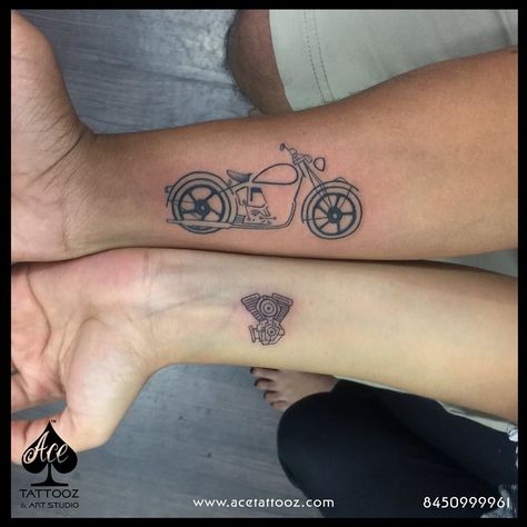 A life without Love & Bike without Engine means nothing at all.. Couple tattoo for a Biker & Love of his life.. Tatoo done by : Archana Nakhua Bhanushali at ACE Tattooz & Art Studio INDIA  #acetattooz #acetattoozindia #acetattoozcolaba #acetattoozghatkopar #itsanacetattooz #besttattoostudio #tattoostudioinmumbai #tattooculture #kingstattoosuppply #stencilstuff #indiantattooartist #tattoocultr #itattyou #tattoosinindia Engine Tattoo, Couple Tattoos Unique Meaningful, Partner Tattoos, Couple Tattoos Love, Best Couple Tattoos, Couple Matching Tattoo, Tattoos Infinity, Couple Tattoos Unique, Motorcycle Tattoos