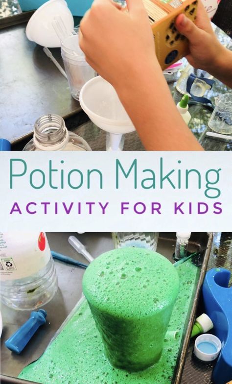 Potions Party Activity for Fun and Messy Play - Kids will love making potions with their friends during this fun science activity! Having a potions party is fun and messy play! #messyplay #scienceexperiments #scienceactivities #playdate Grossology Activities For Kids, Potion Activity For Kids, Potion Play For Kids, Diy Potions For Kids, Magic Activities For Kids, Messy Play Ideas Preschool, Messy Crafts For Kids, Messy Activities For Kids, Potion Making For Kids