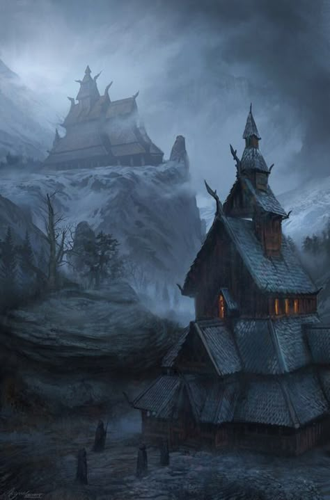 Look For Me In The Mountains Arte Viking, Fantasy City, Fantasy Places, Fantasy Setting, Wow Art, Fantasy Art Landscapes, Fantasy Concept Art, High Fantasy, Arte Fantasy