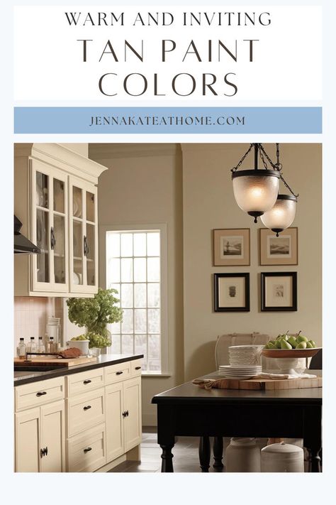 Tan is a neutral paint color that's popular because it's so versatile. Check out these 7 different shades of tan that will make your room look warm and inviting. Tan Wall Paint Colors, Sw Natural Tan Walls, Best Tan Colors For Walls, Tan Wall Paint, Best Tan Paint Colors, Warm Interior Paint Colors, Tan Paint Colors, Tan Kitchen, Warm Inviting Home