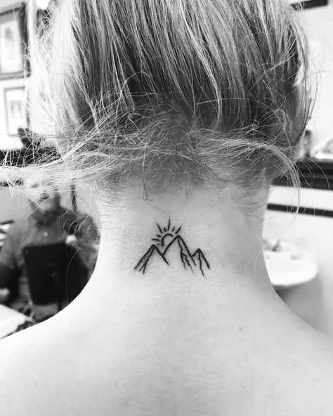 Mountain Tattoo Neck, Mountain Tattoo Back Of Neck, Mountain Sunrise Tattoo, Mountain Sun Tattoo, 05 Tattoo, Back Of Neck Tattoos, Tattoo Korean, Back Neck Tattoo, Alaska Tattoo