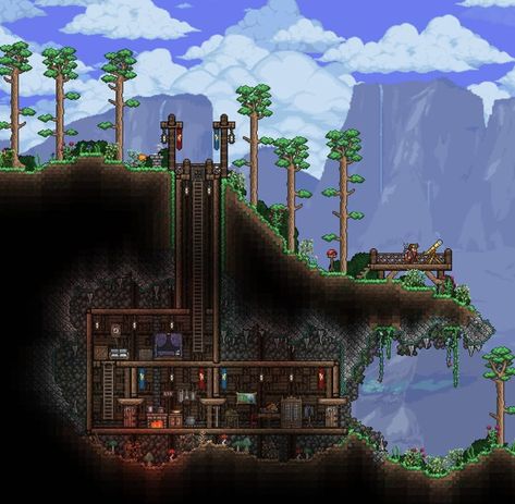 Terraria Mountain House, Underground Terraria Base, Terraria Cavern House, Terraria Greenhouse, Mountain Home Minecraft, Terraria Castle, Terraria Houses, Terraria Design, Terrarium Base