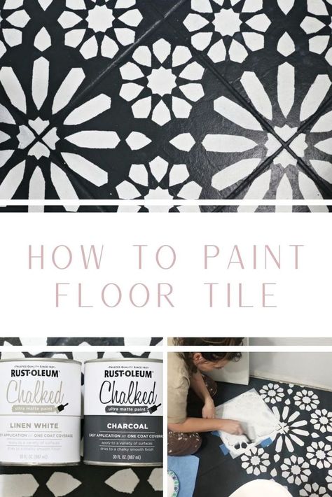 How to Paint Your Own Tile Floor Stenciled Tile Floor, Painting Linoleum Floors, Painted Bathroom Floors, Paint Linoleum, Diy Painted Floors, Paint Floor, Painted Vinyl Floors, Floors Ideas, Floor Makeover