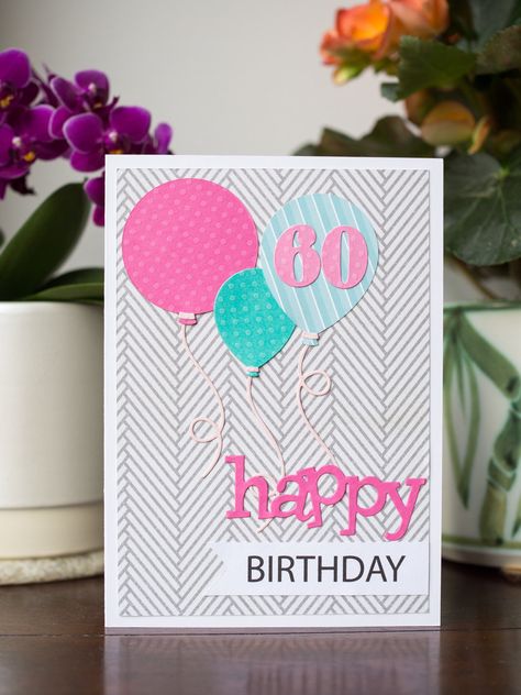 Diy 60th Birthday Card, 60th Birthday Balloons, Party Ballons, 60th Birthday Card, Beautiful Birthday Cards, 60th Birthday Cards, Birthday Scrapbook, Bday Cards, Cricut Cards