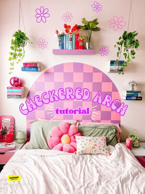 Girls Checkered Bedroom, Diy Colourful Home Decor, Checkered Room Ideas, Groovy Toddler Room, Groovy Bedroom Ideas, Checkered Bedroom Ideas, Room Ideas Funky, Checkered Headboard, Checkered Room Aesthetic