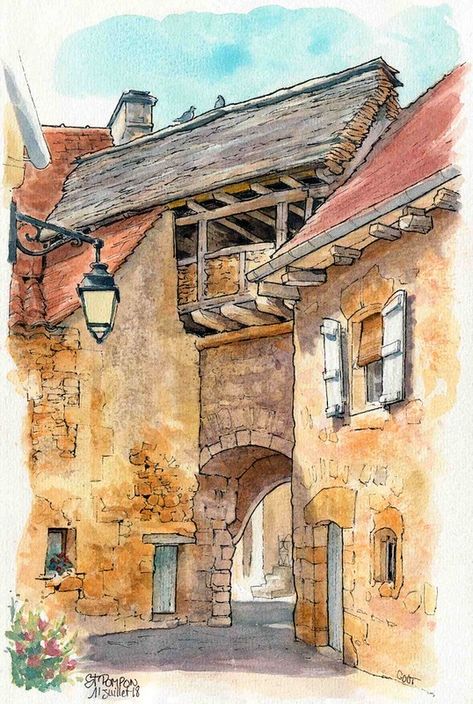 Village Drawing, Buildings Artwork, Lukisan Lanskap, Gambar Lanskap, Landscape And Urbanism Architecture, Pen And Wash, European Street, Watercolor Architecture, Art Village