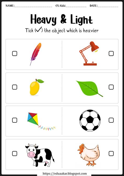 Heavy And Light Worksheet Preschool, Maths Concepts For Kindergarten, Heavy And Light Worksheets Kindergarten, Heavy Light Worksheet, Heavy Light Concept For Kids, Heavy And Light Activities Preschool, Heavy And Light Worksheet, Color Worksheets For Preschool, Counting Activities Preschool