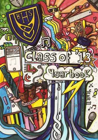 Ideas For Yearbook Covers, Magazine Cover For School Project, Graffiti Yearbook Cover, Cover Page For School Magazine, School Magazine Cover Page Design, Diary Yearbook Theme, Cool Yearbook Covers, Drawing For School Magazine, Yearbook Covers Ideas