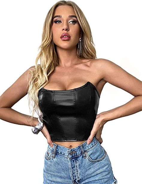 Milumia Women PU Faux Leather Tube Top Strapless Sleeveless Zip Back Crop Top Leather Tube Top Outfit, Tube Top Outfit, Leather Tube Top, Top Strapless, Cropped Tube Top, Crop Top Blouse, Casual Fall Outfits, Leather Zipper, Dress Cuts