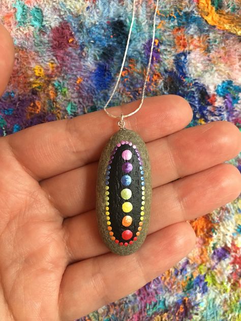 Chakras. Chakra Colors. Yoga necklace. Dot Art. Rock painting. Pearl paint. Pendant. InspiredHeartArt. Inspired Heart Art. Chakra Painting Ideas, Chakra Dot Painting, 7 Chakras Mandala Art, 7 Chakra Mandala Art, Painted Rock Ideas, Dot Painting Tools, Easy Diy Paint, Chakra Dot Mandala, Mandala Jewelry