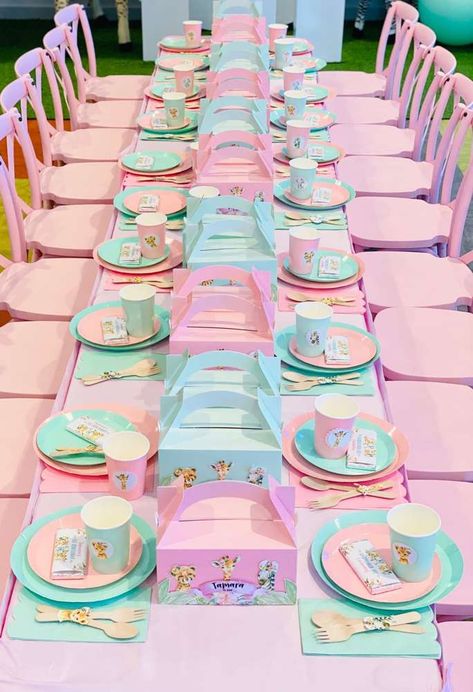 Birthday Party 3 Girl, Kids Birthday Table Set Up, Cocomelon Table Decor, Birthday Table Decorations Kids, Birthday Party Set Up Ideas, Kids Party Table Decor, Pastel Themed Birthday Party, Pastel Party Theme, Kids Party Theme Ideas