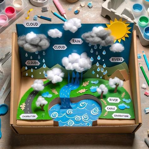 Weather Instruments Project, Water Cycle Activity For Kids, Water Cycle Project Kids, The Water Cycle Project, Water Cycle Project Models, Cloud Crafts For Kids, Water Cycle Diorama, Creative School Projects, Water Cycle Craft