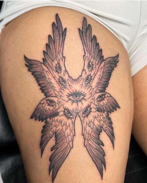 Seriphum Tattoo, Shoulder Blade Wing Tattoo, Biblical Accurate Angel Tattoo, Biblicly Accurate Angle Tattoo, American Traditional Angel, Real Angel Tattoo, Biblical Angel Tattoo, Symetric Tattoo, Seraphim Angel Tattoo